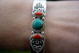 Bracelet Manchette en Argent avec Turquoise et Corail