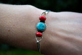 Bracelet Manchette en Argent avec Turquoise et Corail (Petit)