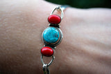 Bracelet Manchette en Argent avec Turquoise et Corail (Petit)