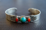 Bracelet Manchette en Argent avec Turquoise et Corail