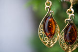 Boucles d'oreilles en Argent 925 Plaqué Or avec Ambre Cognac en Forme de Goutte