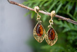 Boucles d'oreilles en Argent 925 Plaqué Or avec Ambre Cognac en Forme de Goutte