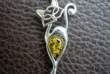 Pendentif en Argent 925 en Forme de Chat avec Ambre Vert
