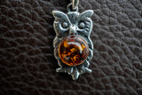Pendentif en Argent 925 en Forme d'Hibou avec Ambre Cognac