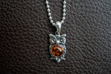 Pendentif en Argent 925 en Forme d'Hibou avec Ambre Cognac