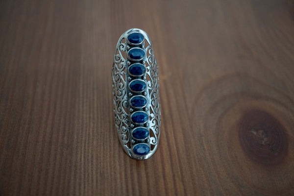 Bague longue en argent 925 avec saphirs naturels et filigrane