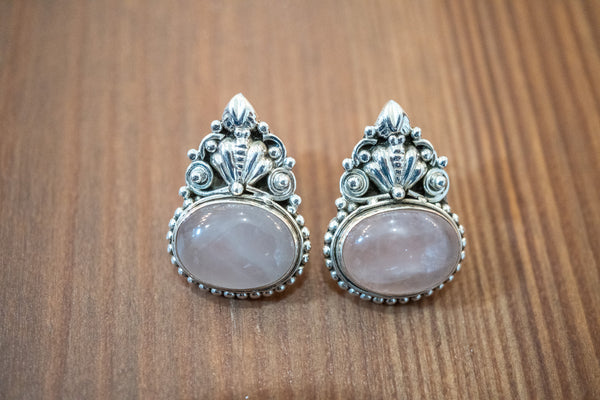 Boucles d'oreilles ethnique en quartz rose et argent 925