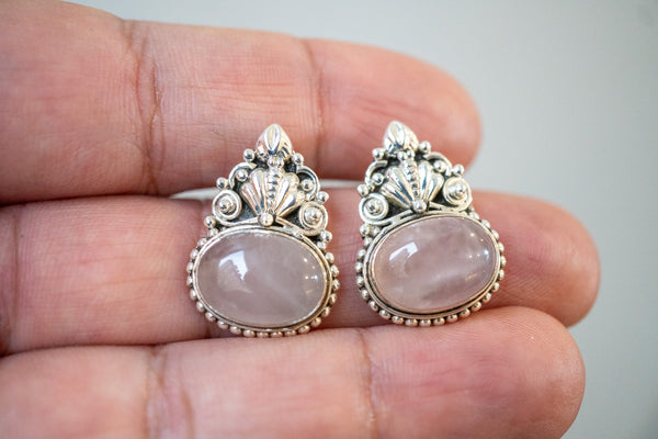Boucles d'oreilles ethnique en quartz rose et argent 925