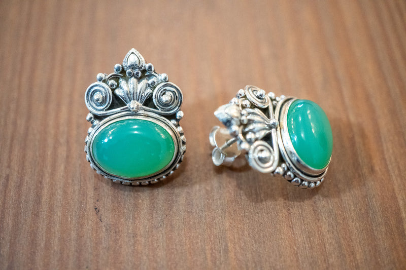 Boucles d'oreilles ethnique en chrysoprase et argent 925