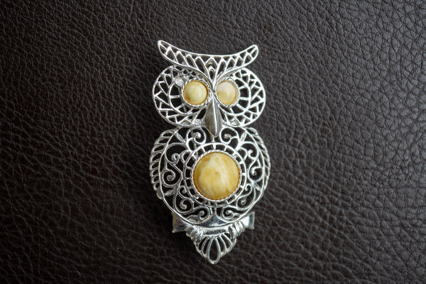 Broche en Ambre Jaune de la Mer Baltique en Forme d'Hibou