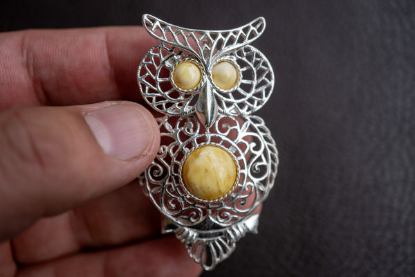 Broche en Ambre Jaune de la Mer Baltique en Forme d'Hibou