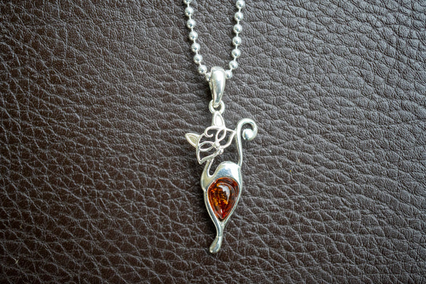 Pendentif en Argent 925 en Forme de Chat avec Ambre Cognac