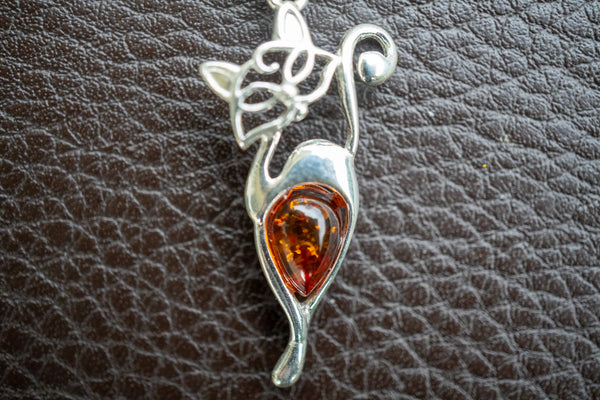 Pendentif en Argent 925 en Forme de Chat avec Ambre Cognac