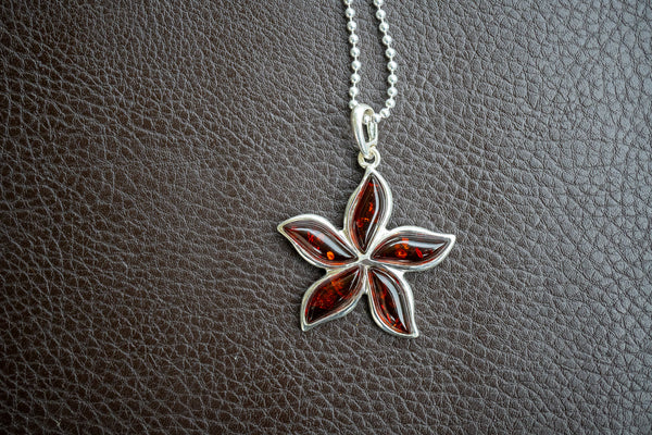 Pendentif en Argent 925 avec Ambre Cerise en Forme de Fleur