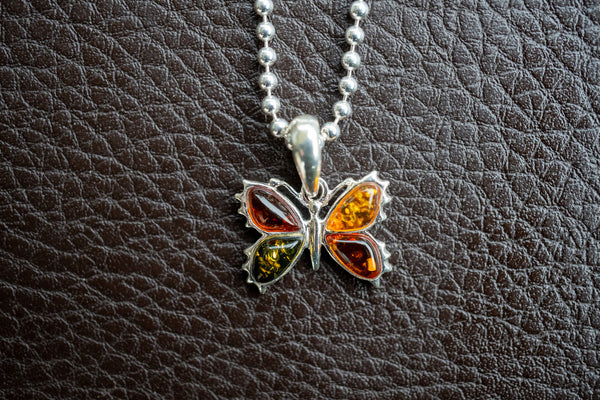 Pendentif Papillon en Ambre Multicolore en argent 925 (petit)