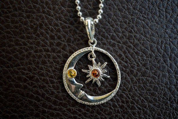 Pendentif soleil et lune en argent 925 avec ambres de la Mer Baltique