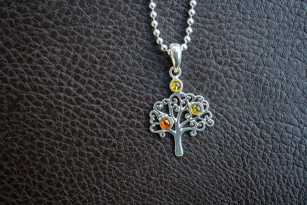 Pendentif Arbre de Vie en Argent 925 avec Ambre Multicolore Naturelle
